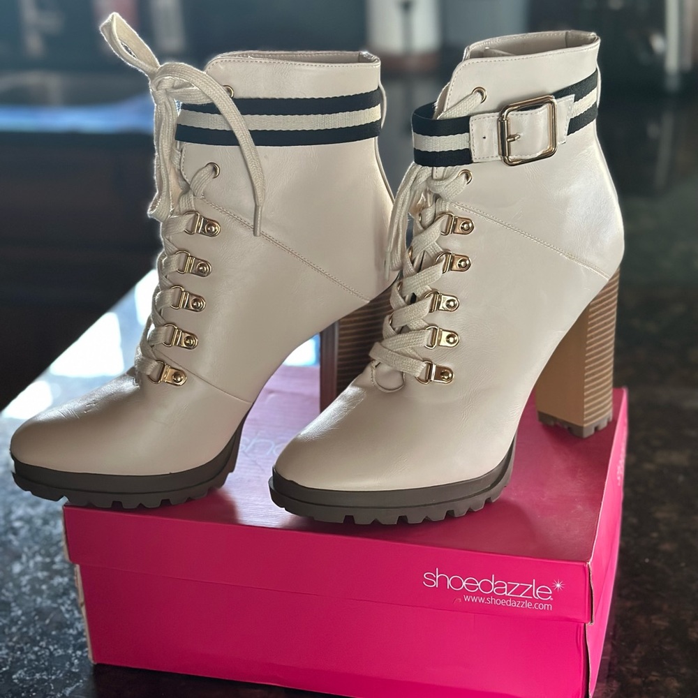 Ribonea lace-up heeled bone colored boots size 8.5. Only worn once!!